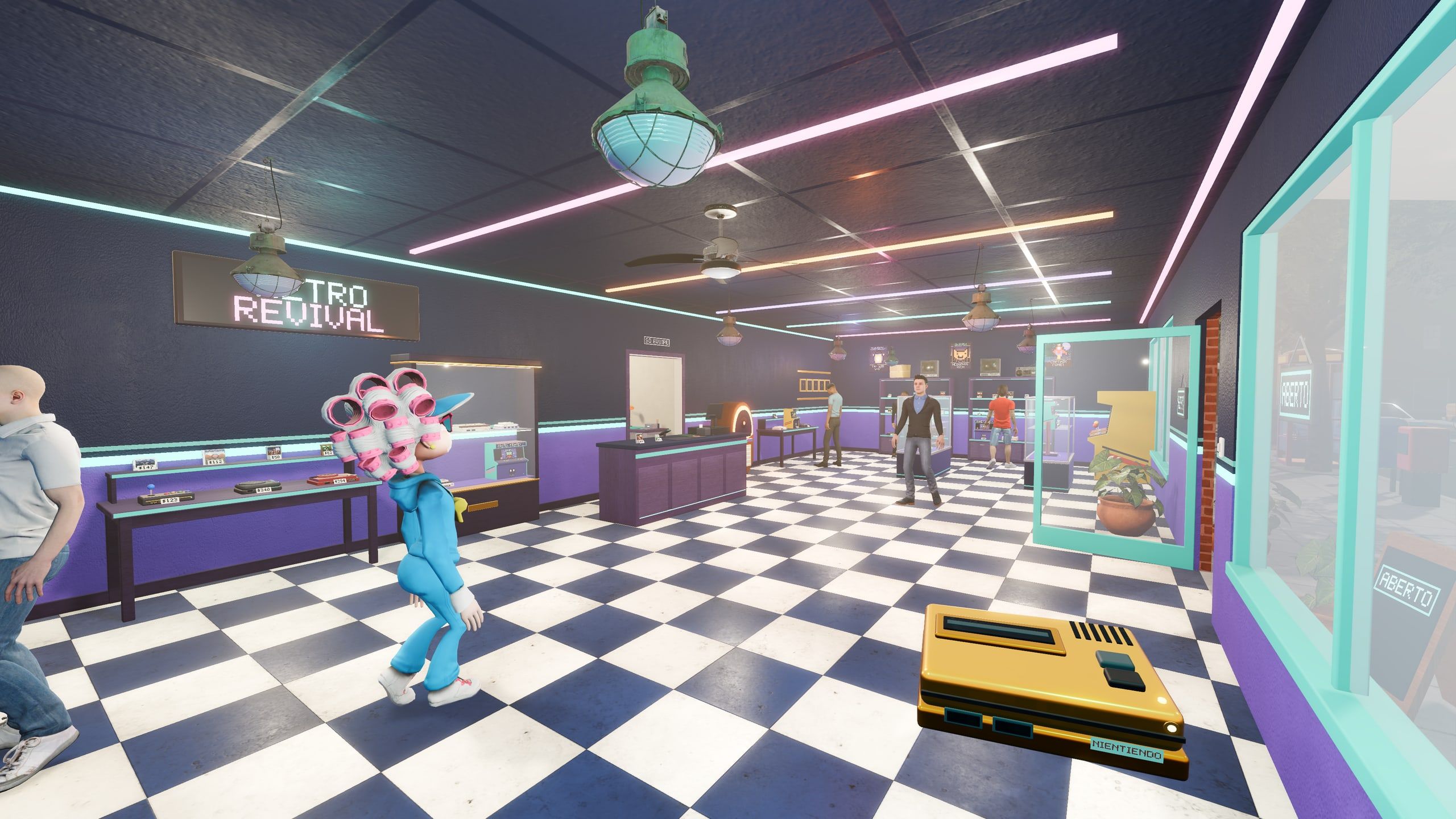 A loja do Retro Revival a todo vapor, com neon, vitrines e clientes