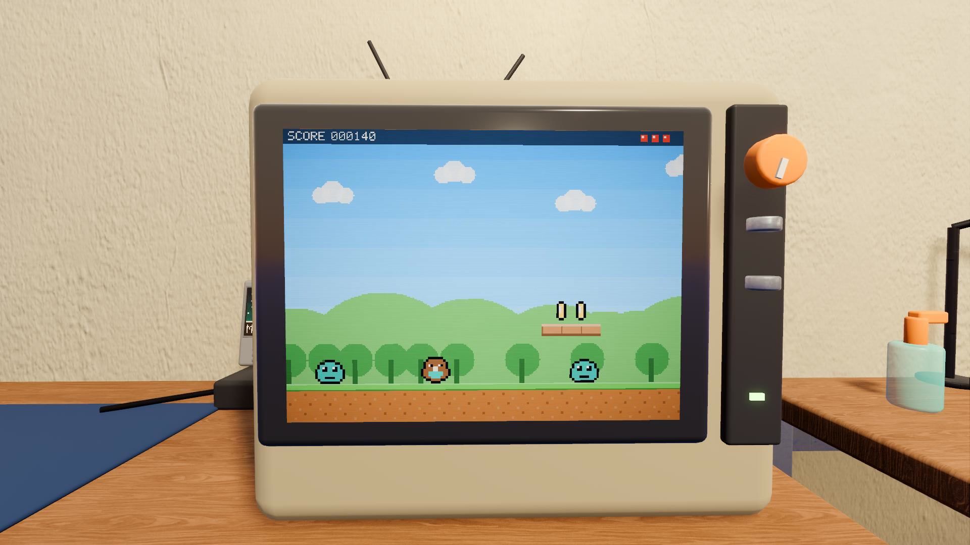 Um jogo de cartucho rodando na TV de tubo da bancada durante um teste